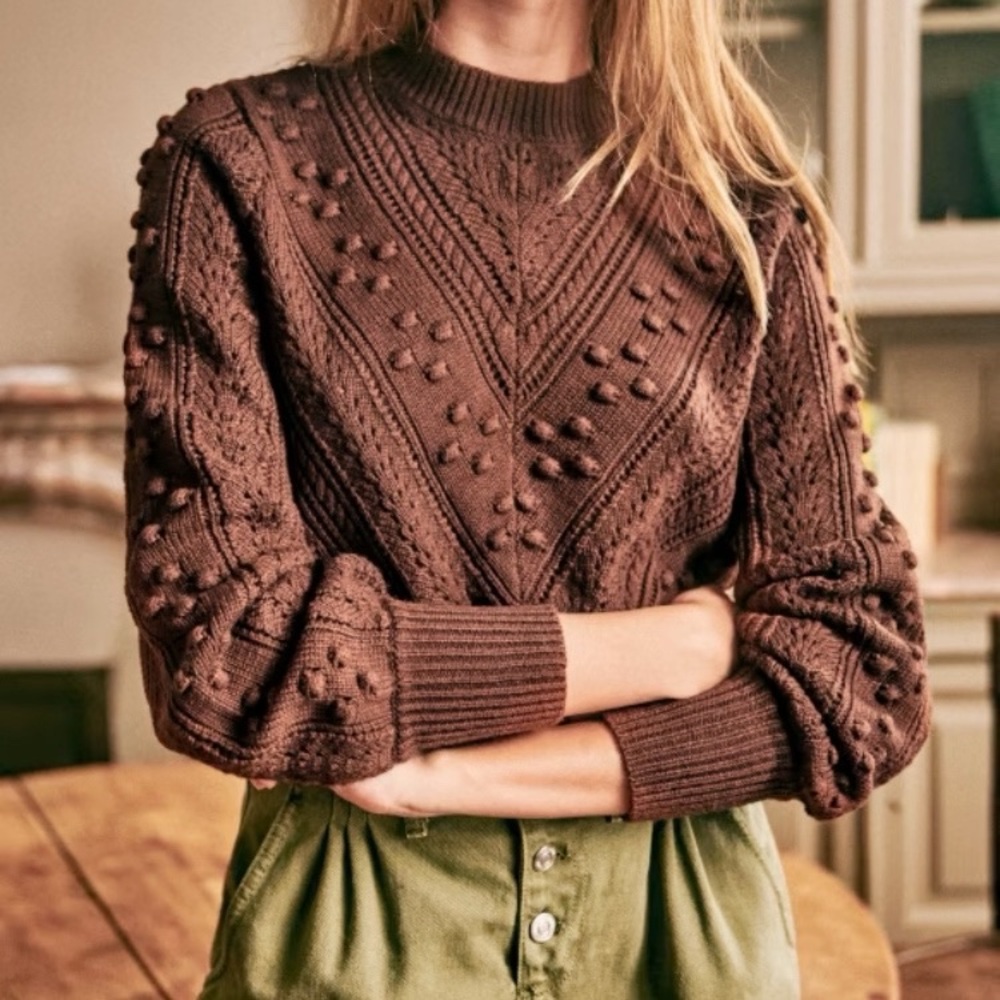 Sezane Solal Jumper Size M Brown Wool Crewneck Pom Pom Knit Sweater Cabincore